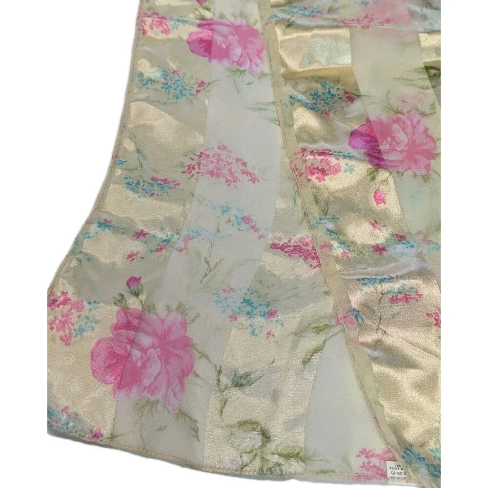 Vintage 80s Floral Satin Stripe Scarf Pink Roses Sheer Long Wrap Made in Korea - Picture 9 of 9
